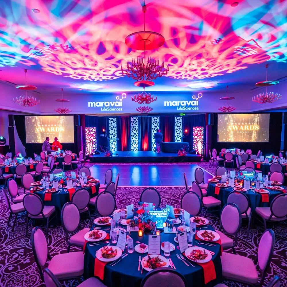 Maravai Awards banquet hall with round tables and chandeliers